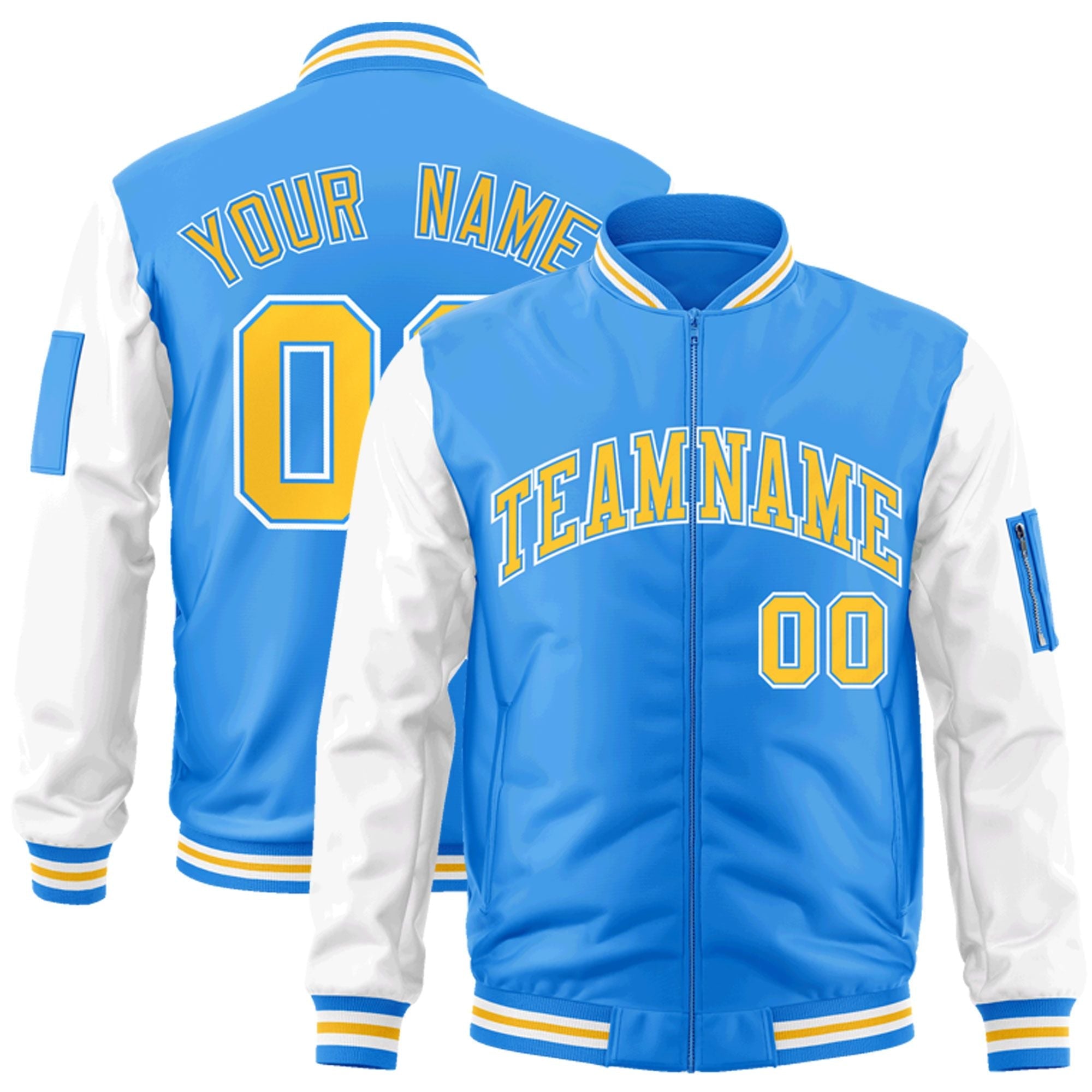 Custom Powder Blue White-Gold Varsity Full-Zip Raglan Sleeves Letterman Bomber Jacket