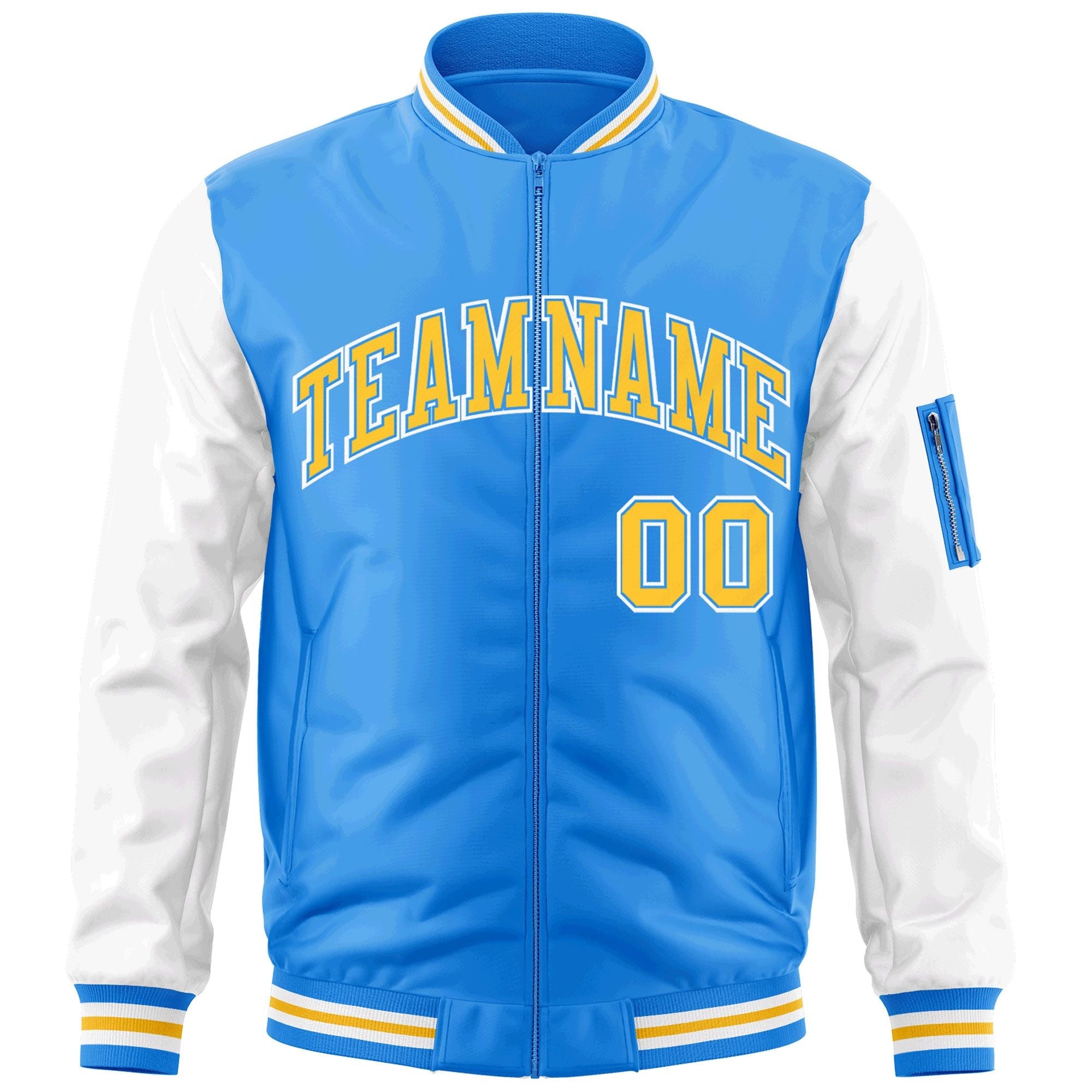 Custom Powder Blue White-Gold Varsity Full-Zip Raglan Sleeves Letterman Bomber Jacket