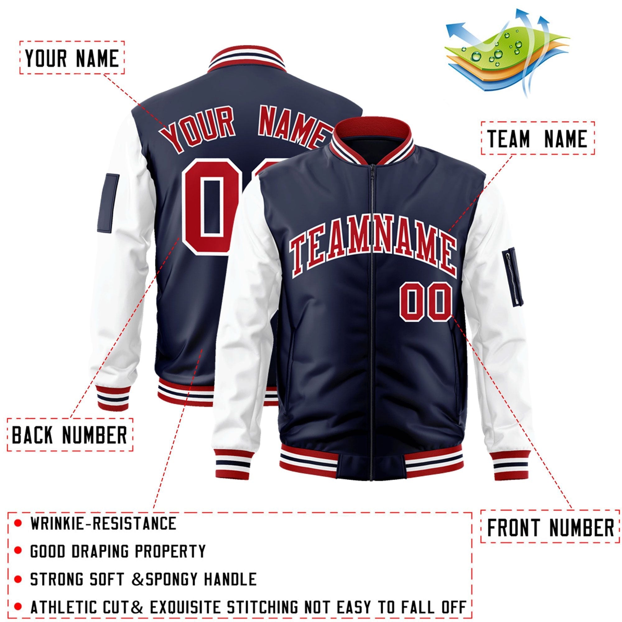 Custom Navy White-Red Varsity Full-Zip Raglan Sleeves Letterman Bomber Jacket