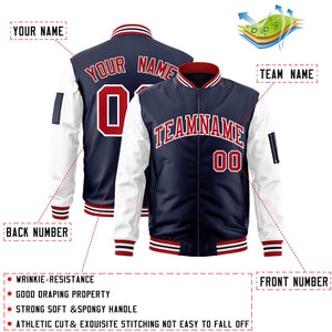 Custom Navy White-Red Varsity Full-Zip Raglan Sleeves Letterman Bomber Jacket