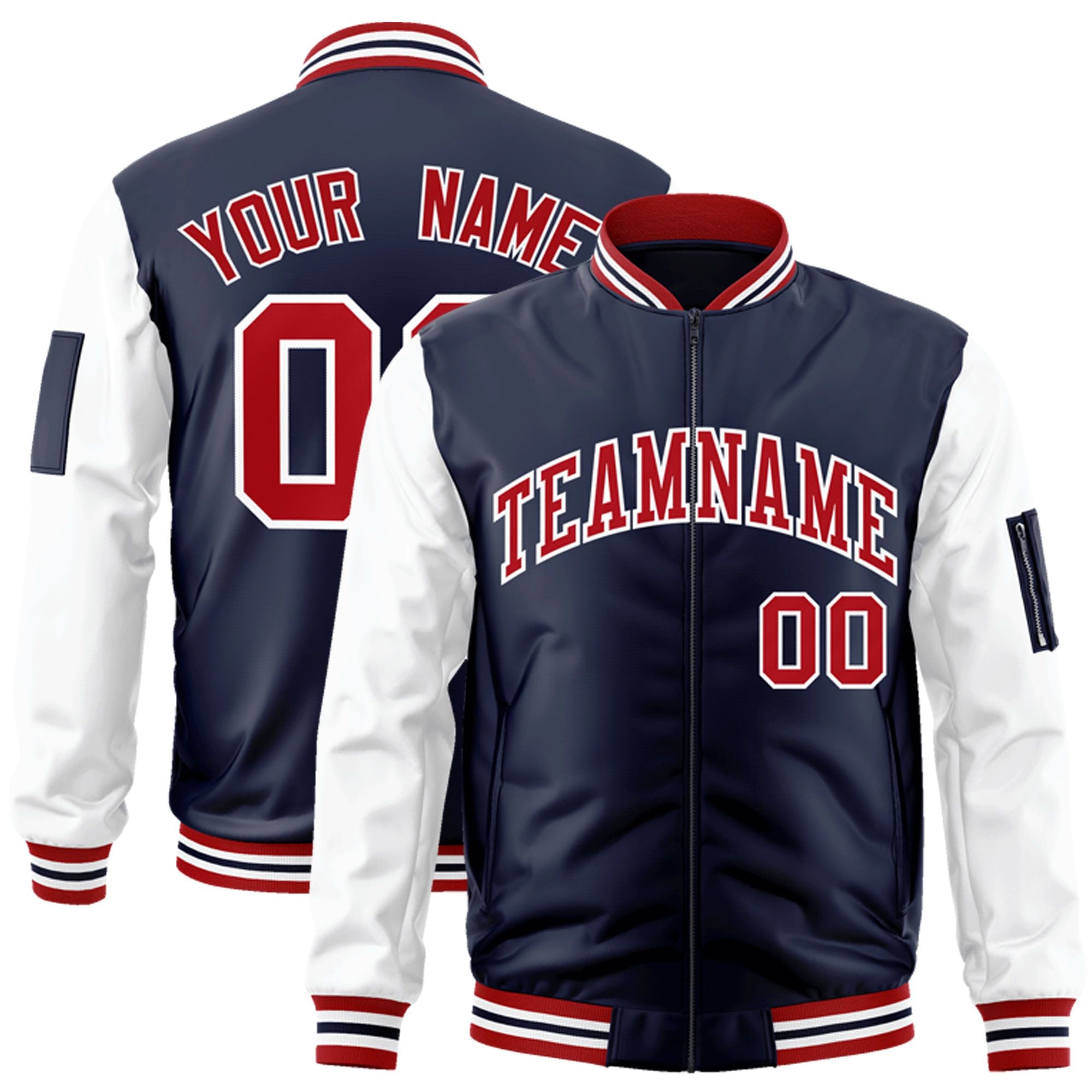 Custom Navy White-Red Varsity Full-Zip Raglan Sleeves Letterman Bomber Jacket