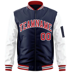 Custom Navy White-Red Varsity Full-Zip Raglan Sleeves Letterman Bomber Jacket