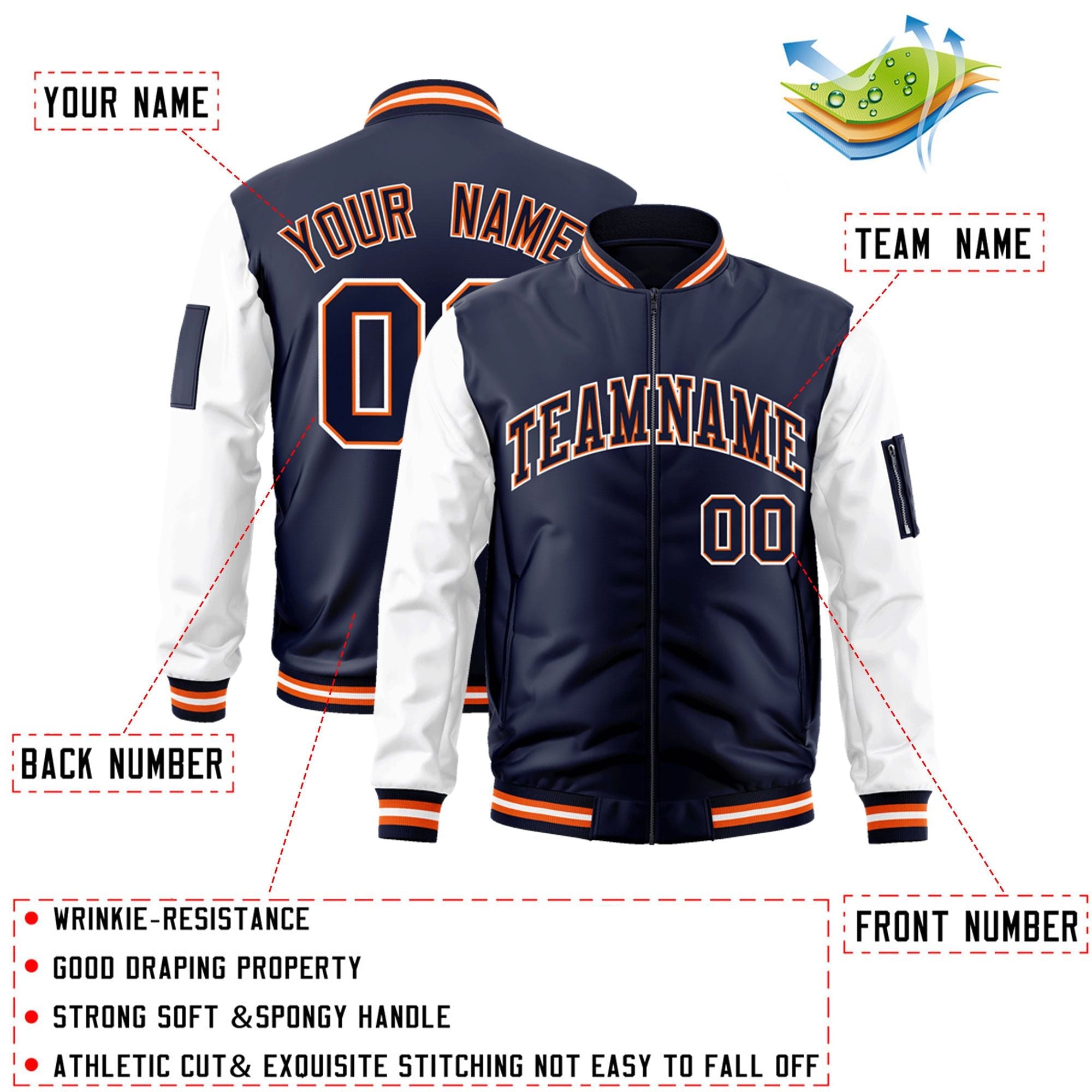 Custom Navy White-OrangeVarsity Full-Zip Raglan Sleeves Letterman Bomber Jacket