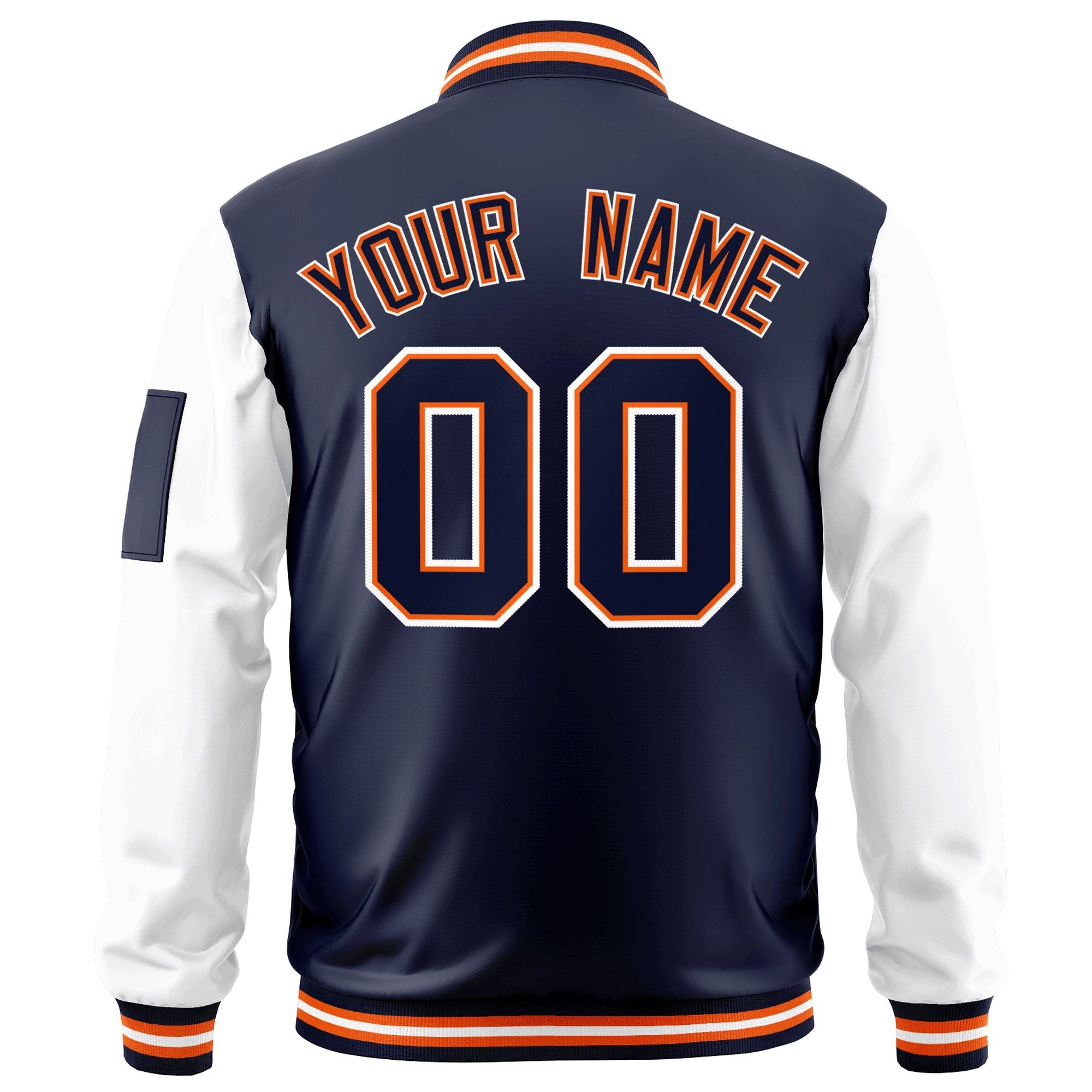 Custom Navy White-OrangeVarsity Full-Zip Raglan Sleeves Letterman Bomber Jacket