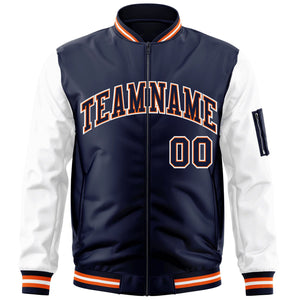 Custom Navy White-OrangeVarsity Full-Zip Raglan Sleeves Letterman Bomber Jacket