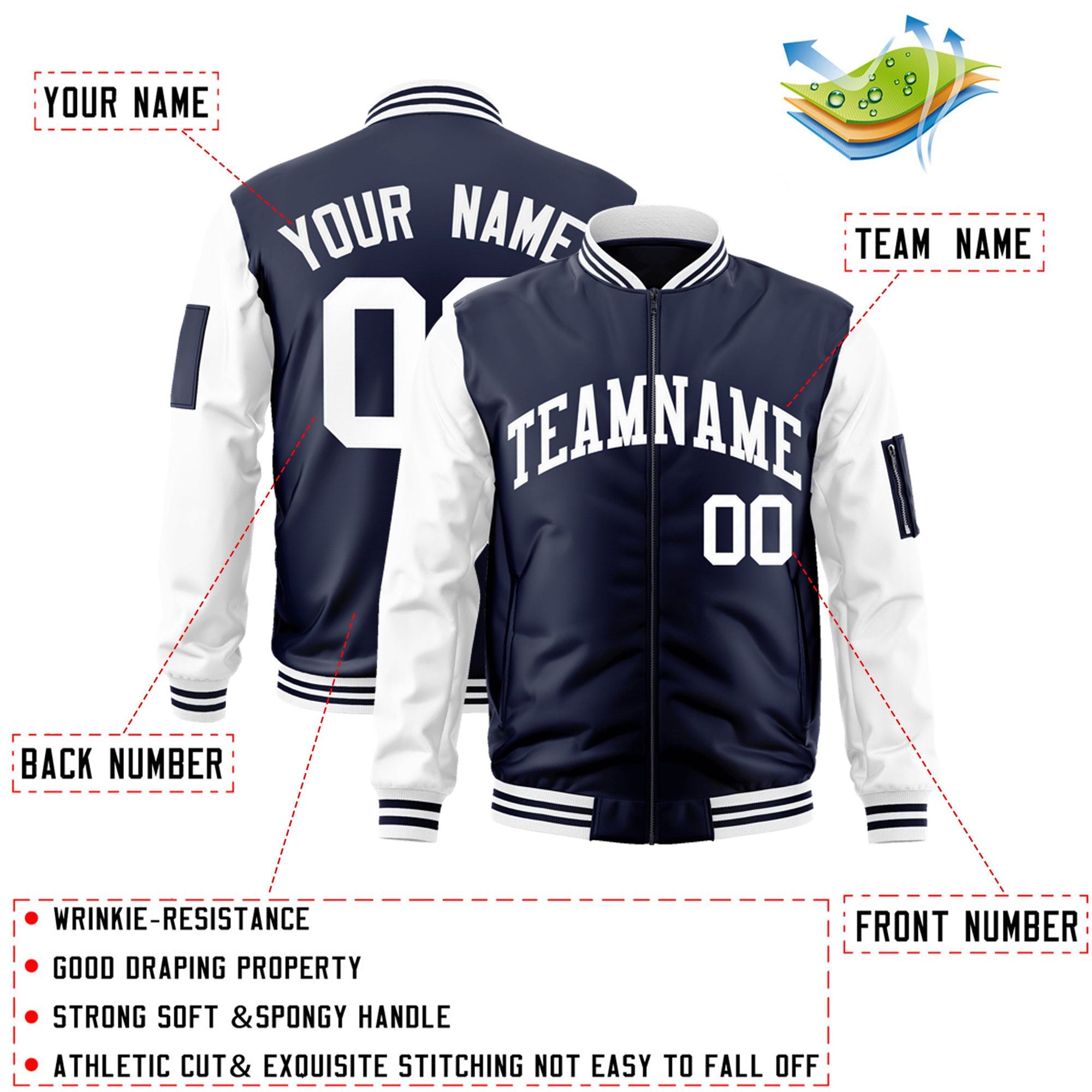 Custom Navy White Varsity Full-Zip Raglan Sleeves Letterman Bomber Jacket