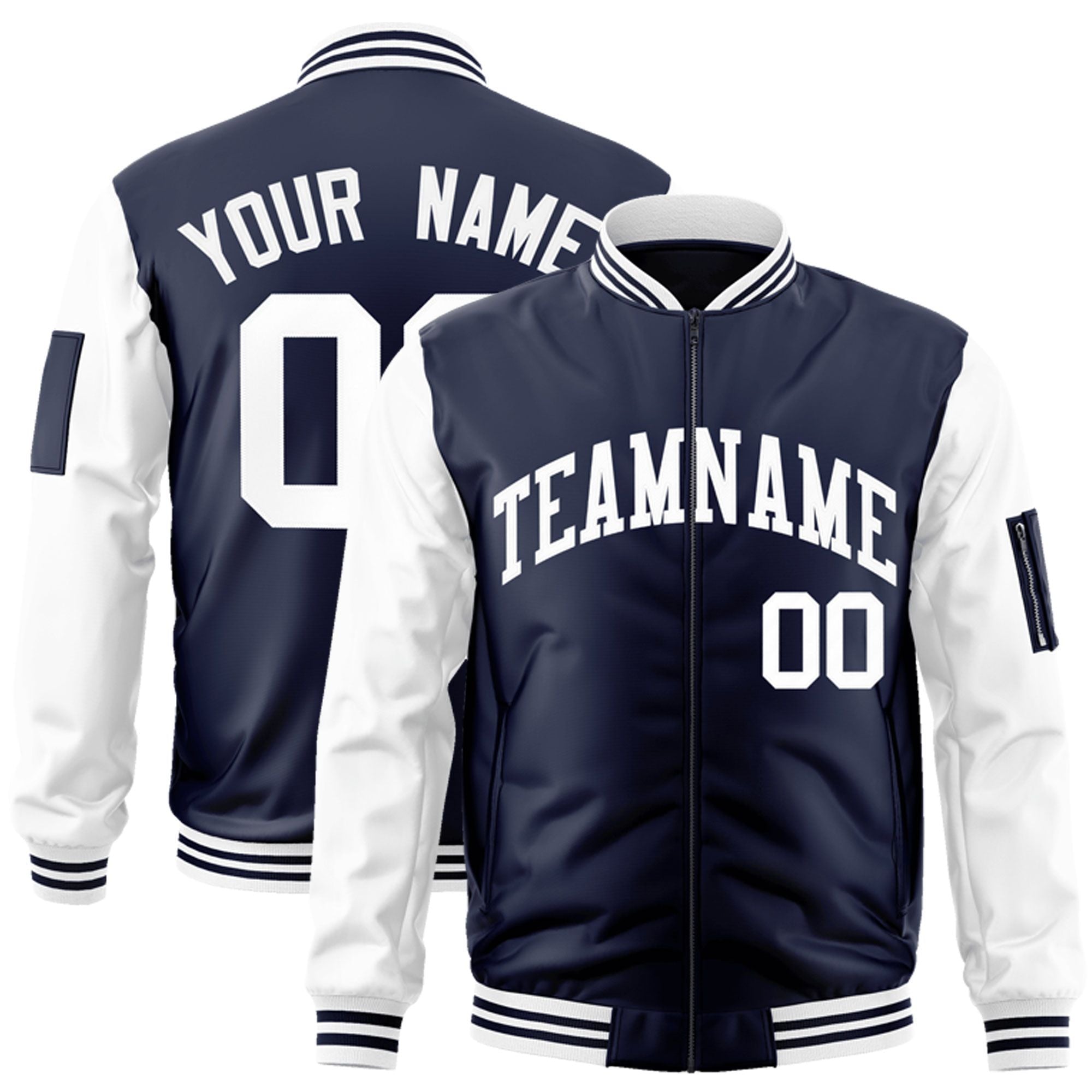 Custom Navy White Varsity Full-Zip Raglan Sleeves Letterman Bomber Jacket