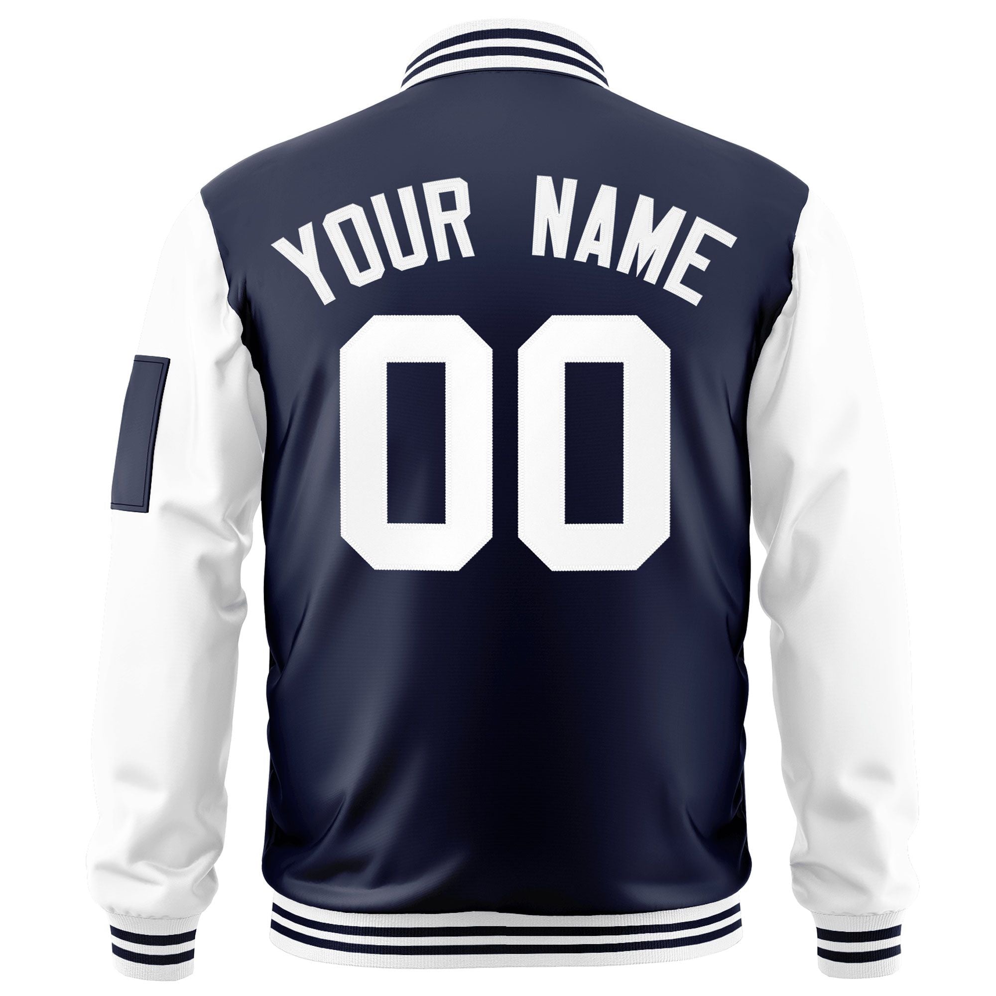 Custom Navy White Varsity Full-Zip Raglan Sleeves Letterman Bomber Jacket