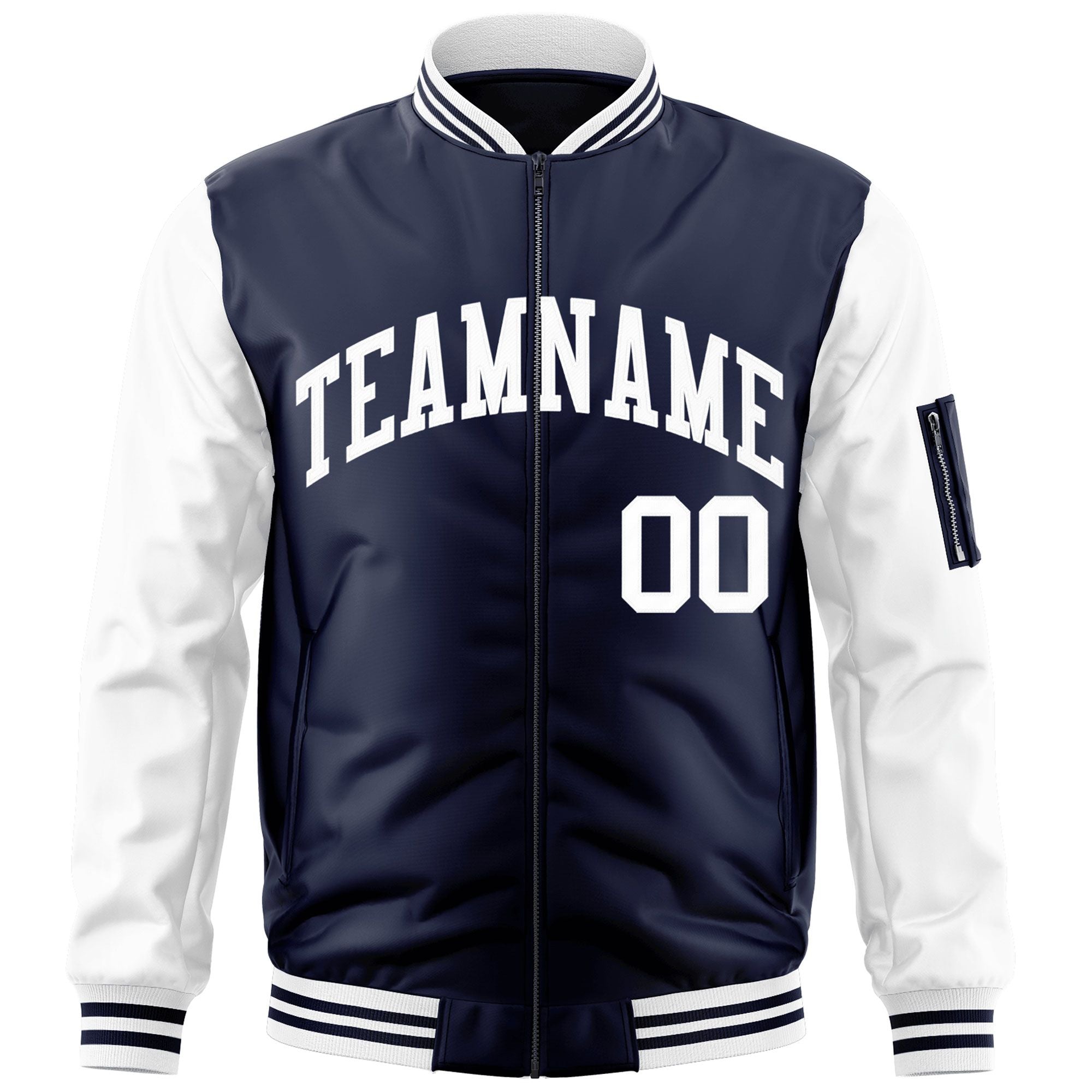 Custom Navy White Varsity Full-Zip Raglan Sleeves Letterman Bomber Jacket