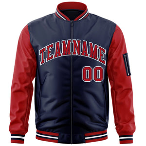 Custom Navy Red-White Varsity Full-Zip Raglan Sleeves Letterman Bomber Jacket