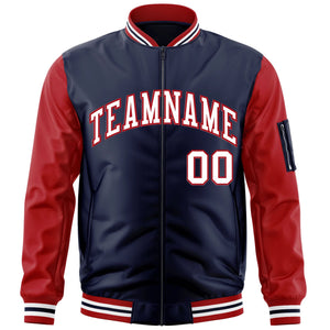 Custom Navy Red-White Varsity Full-Zip Raglan Sleeves Letterman Bomber Jacket