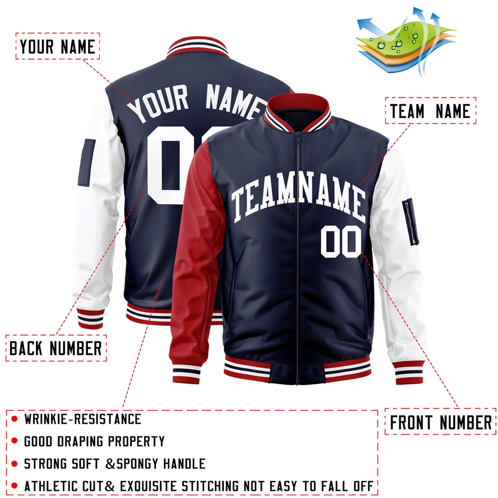 Custom Navy Red-White Varsity Full-Zip Raglan Sleeves Letterman Bomber Jacket