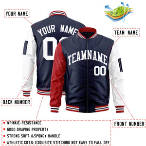 Custom Navy Red-White Varsity Full-Zip Raglan Sleeves Letterman Bomber Jacket