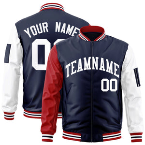 Custom Navy Red-White Varsity Full-Zip Raglan Sleeves Letterman Bomber Jacket