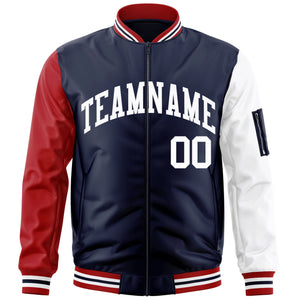 Custom Navy Red-White Varsity Full-Zip Raglan Sleeves Letterman Bomber Jacket