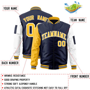 Custom Navy Gold-White Varsity Full-Zip Raglan Sleeves Letterman Bomber Jacket