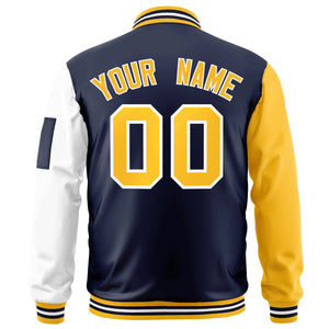 Custom Navy Gold-White Varsity Full-Zip Raglan Sleeves Letterman Bomber Jacket