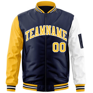 Custom Navy Gold-White Varsity Full-Zip Raglan Sleeves Letterman Bomber Jacket