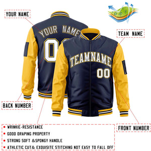 Custom Navy Gold-White-Varsity Full-Zip Raglan Sleeves Letterman Bomber Jacket