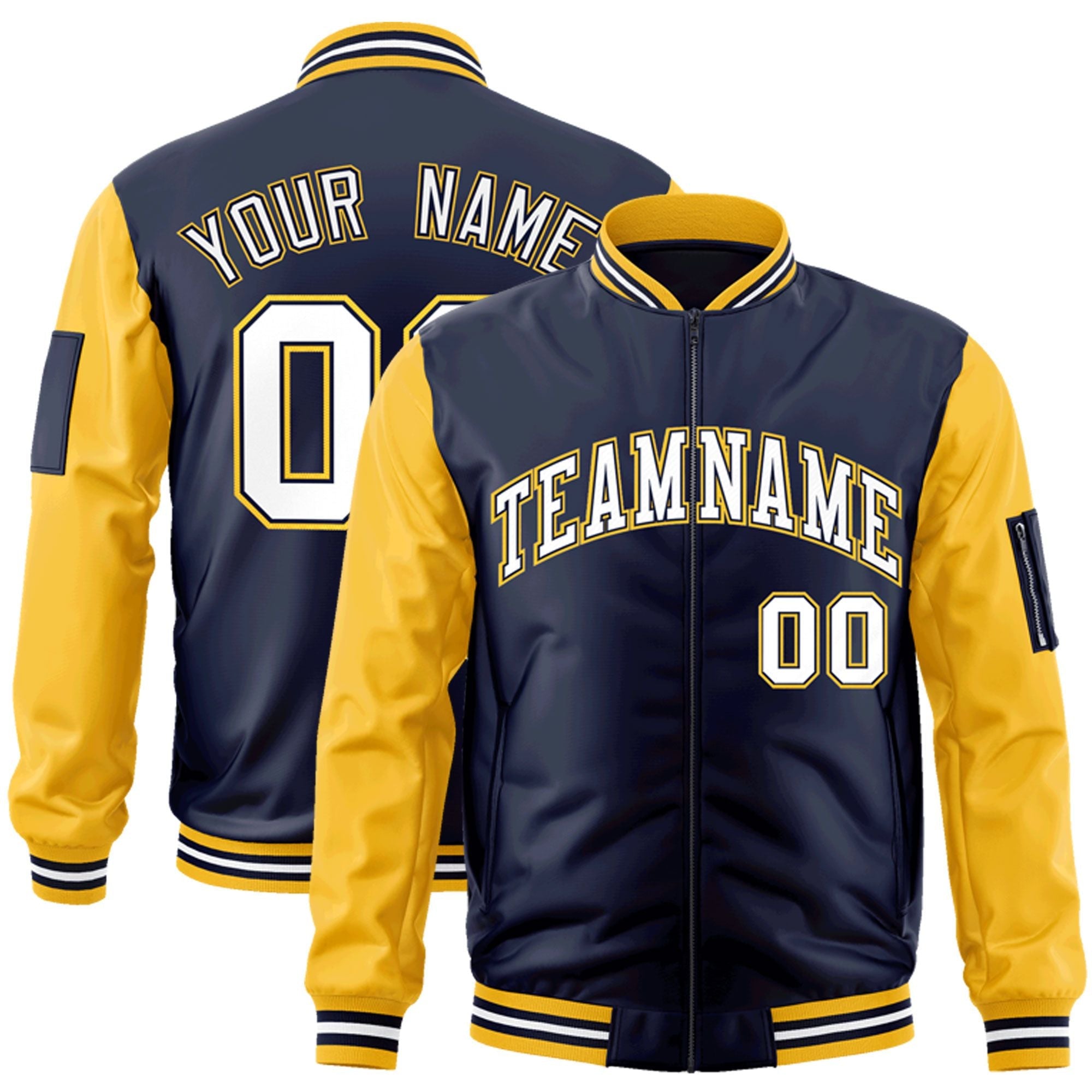 Custom Navy Gold-White-Varsity Full-Zip Raglan Sleeves Letterman Bomber Jacket