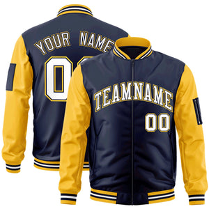 Custom Navy Gold-White-Varsity Full-Zip Raglan Sleeves Letterman Bomber Jacket