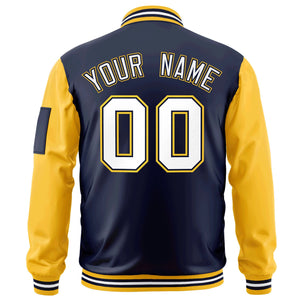 Custom Navy Gold-White-Varsity Full-Zip Raglan Sleeves Letterman Bomber Jacket