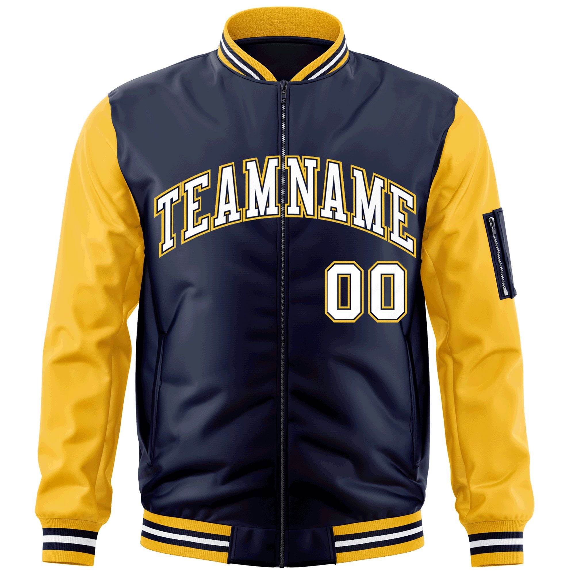 Custom Navy Gold-White-Varsity Full-Zip Raglan Sleeves Letterman Bomber Jacket