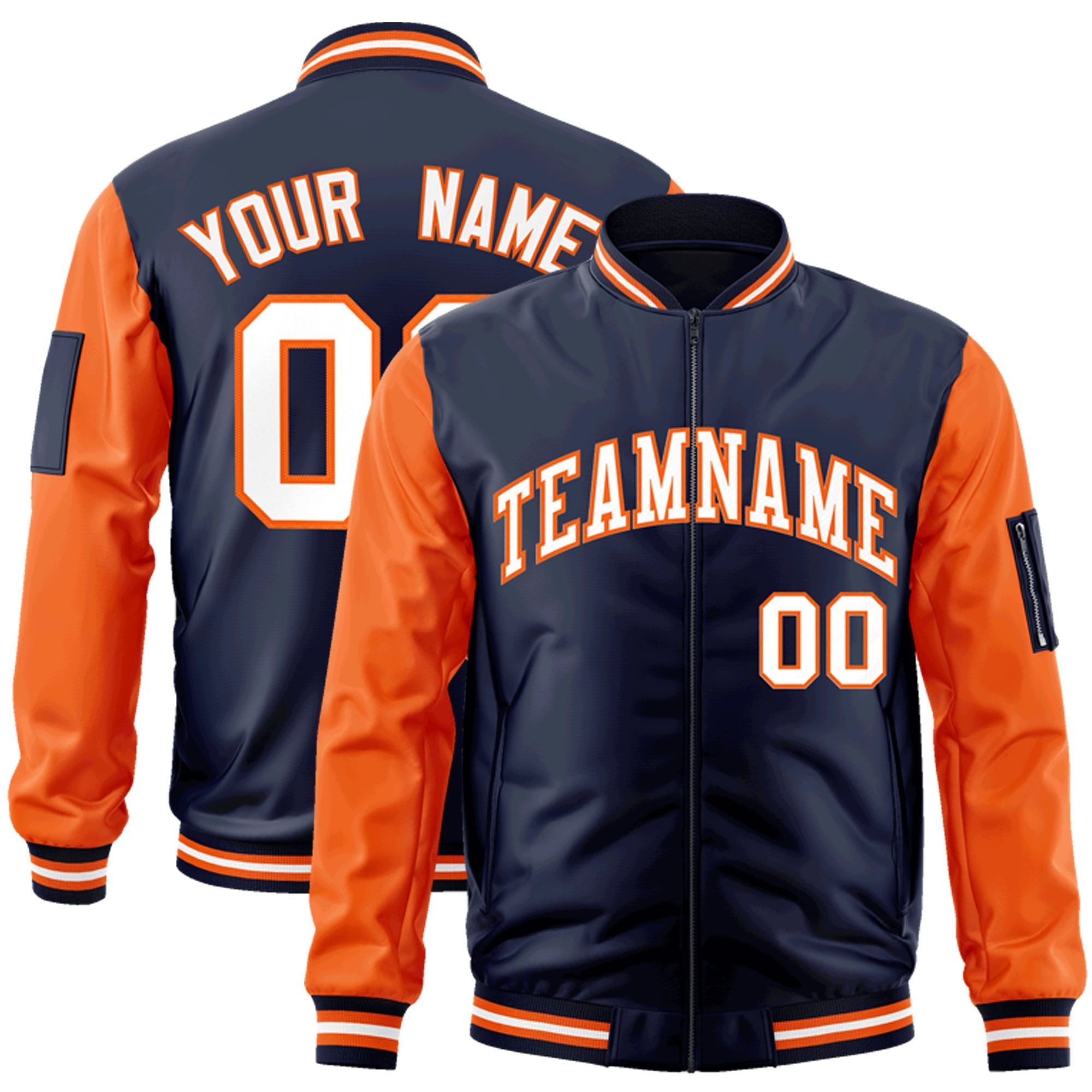 Custom Navy Orange-White Varsity Full-Zip Raglan Sleeves Letterman Bomber Jacket