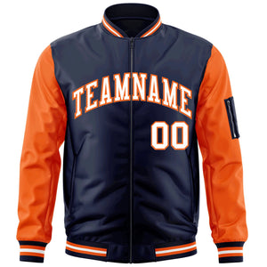 Custom Navy Orange-White Varsity Full-Zip Raglan Sleeves Letterman Bomber Jacket