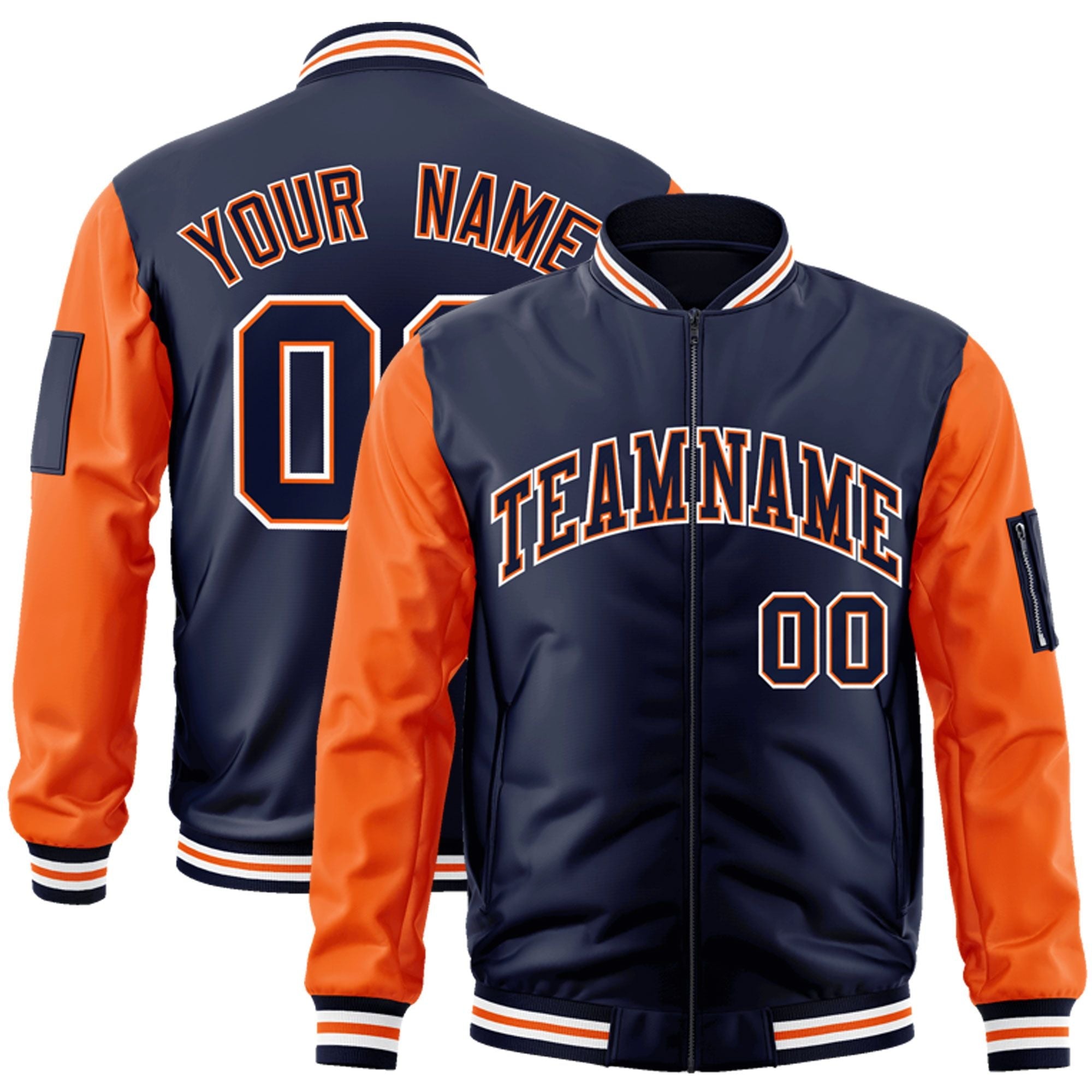 Custom Navy Orange-White Varsity Full-Zip Raglan Sleeves Letterman Bomber Jacket