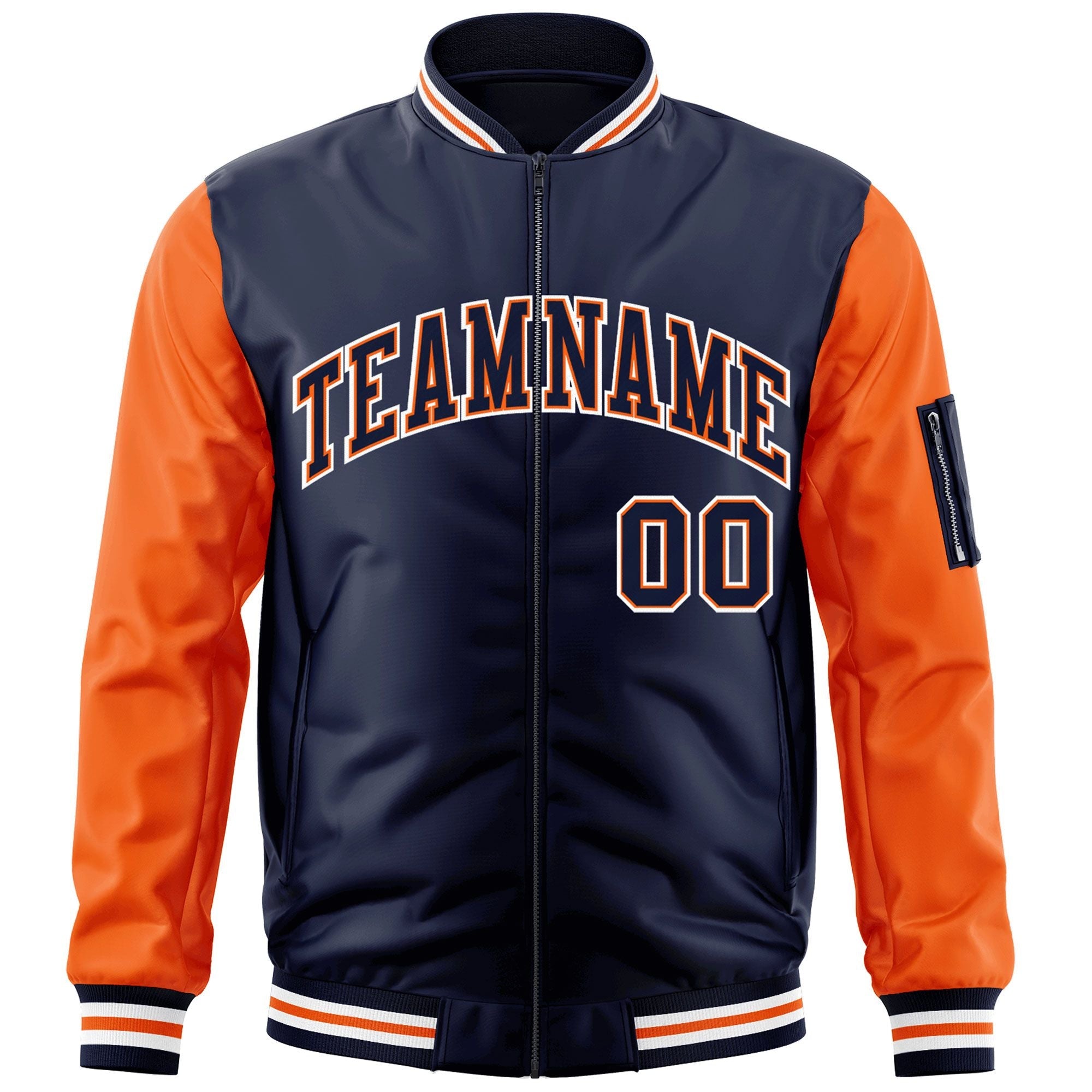 Custom Navy Orange-White Varsity Full-Zip Raglan Sleeves Letterman Bomber Jacket