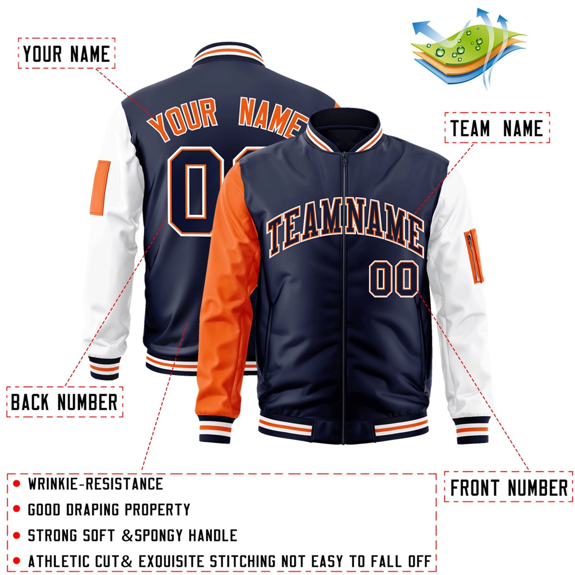 Custom Navy Orange-White Varsity Full-Zip Raglan Sleeves Letterman Bomber Jacket