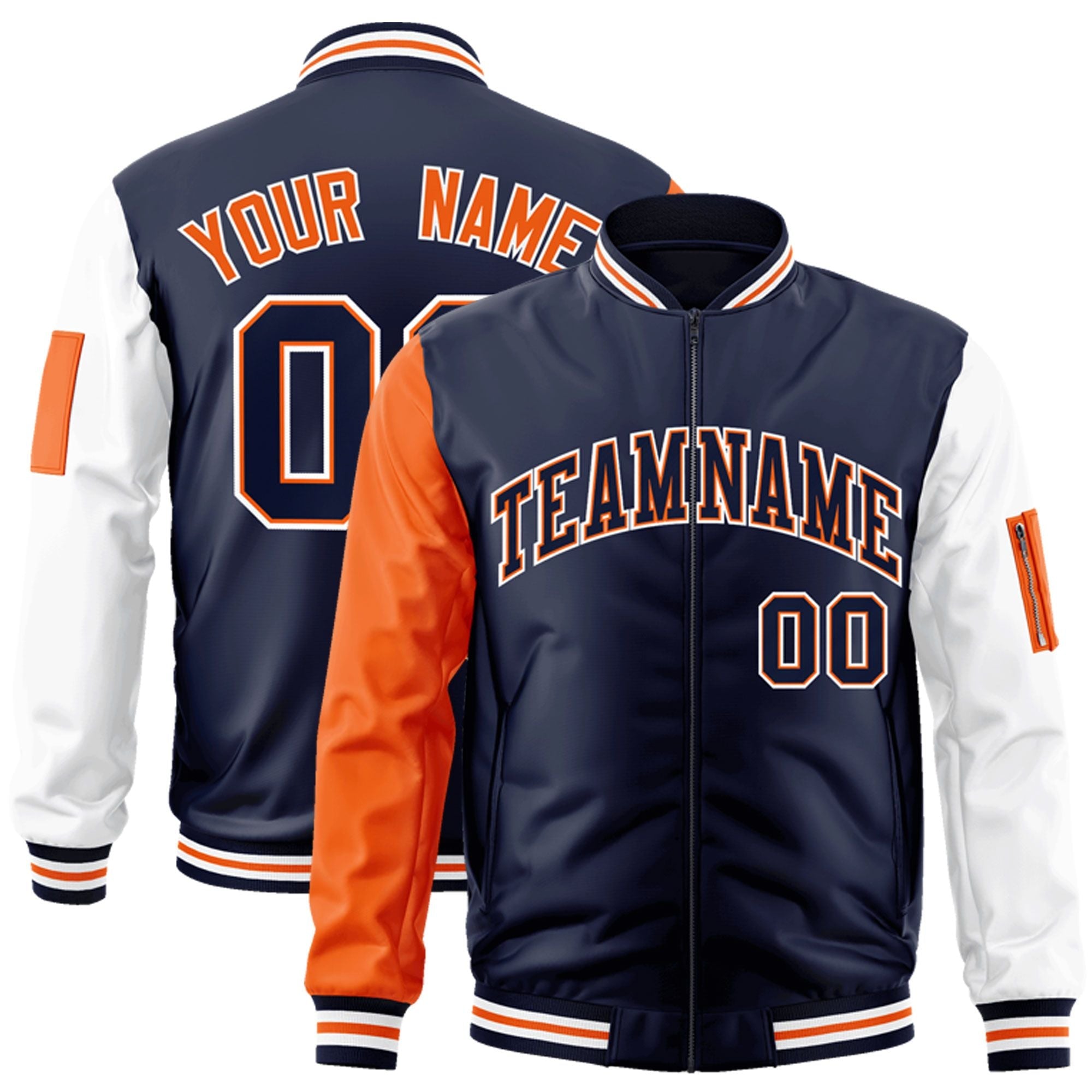 Custom Navy Orange-White Varsity Full-Zip Raglan Sleeves Letterman Bomber Jacket