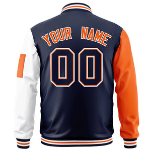 Custom Navy Orange-White Varsity Full-Zip Raglan Sleeves Letterman Bomber Jacket