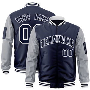 Custom Navy Gray-White Varsity Full-Zip Raglan Sleeves Letterman Bomber Jacket