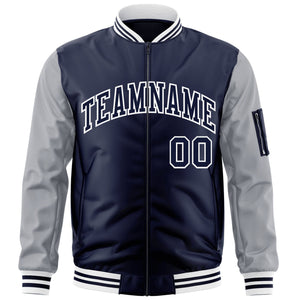 Custom Navy Gray-White Varsity Full-Zip Raglan Sleeves Letterman Bomber Jacket