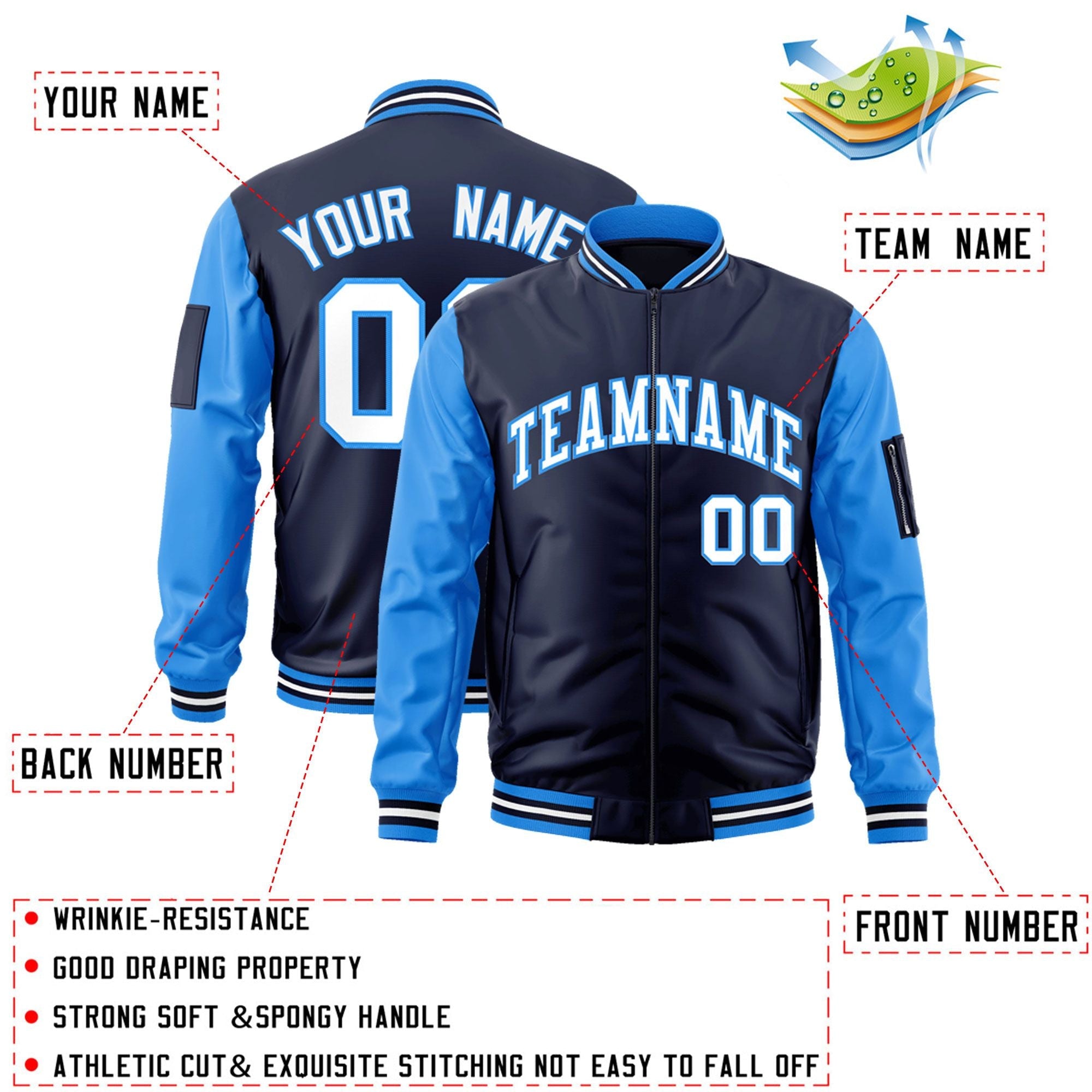 Custom Navy Powder Blue-White Varsity Full-Zip Raglan Sleeves Letterman Bomber Jacket