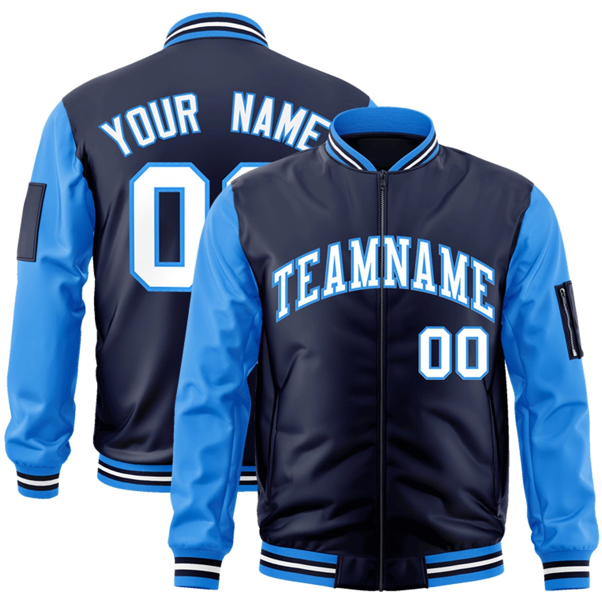 Custom Navy Powder Blue-White Varsity Full-Zip Raglan Sleeves Letterman Bomber Jacket