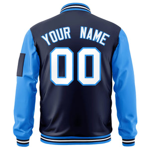 Custom Navy Powder Blue-White Varsity Full-Zip Raglan Sleeves Letterman Bomber Jacket