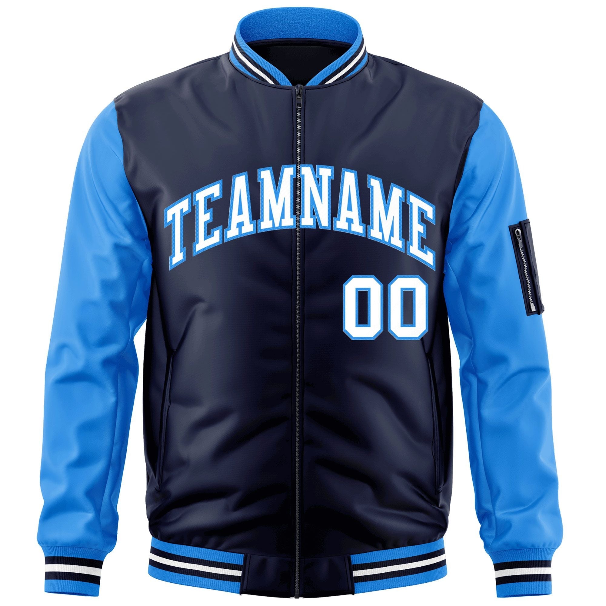 Custom Navy Powder Blue-White Varsity Full-Zip Raglan Sleeves Letterman Bomber Jacket