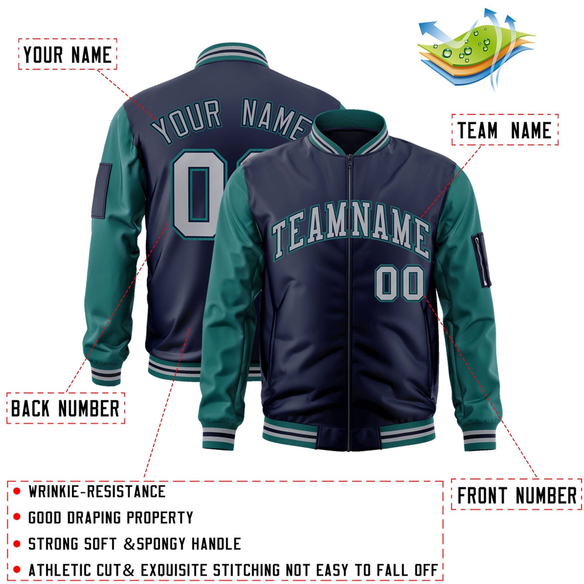 Custom Navy Gray-Aqua Varsity Full-Zip Raglan Sleeves Letterman Bomber Jacket