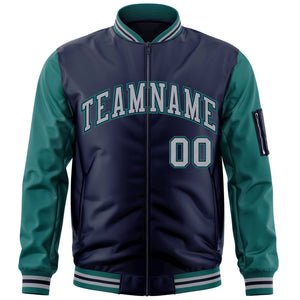 Custom Navy Gray-Aqua Varsity Full-Zip Raglan Sleeves Letterman Bomber Jacket