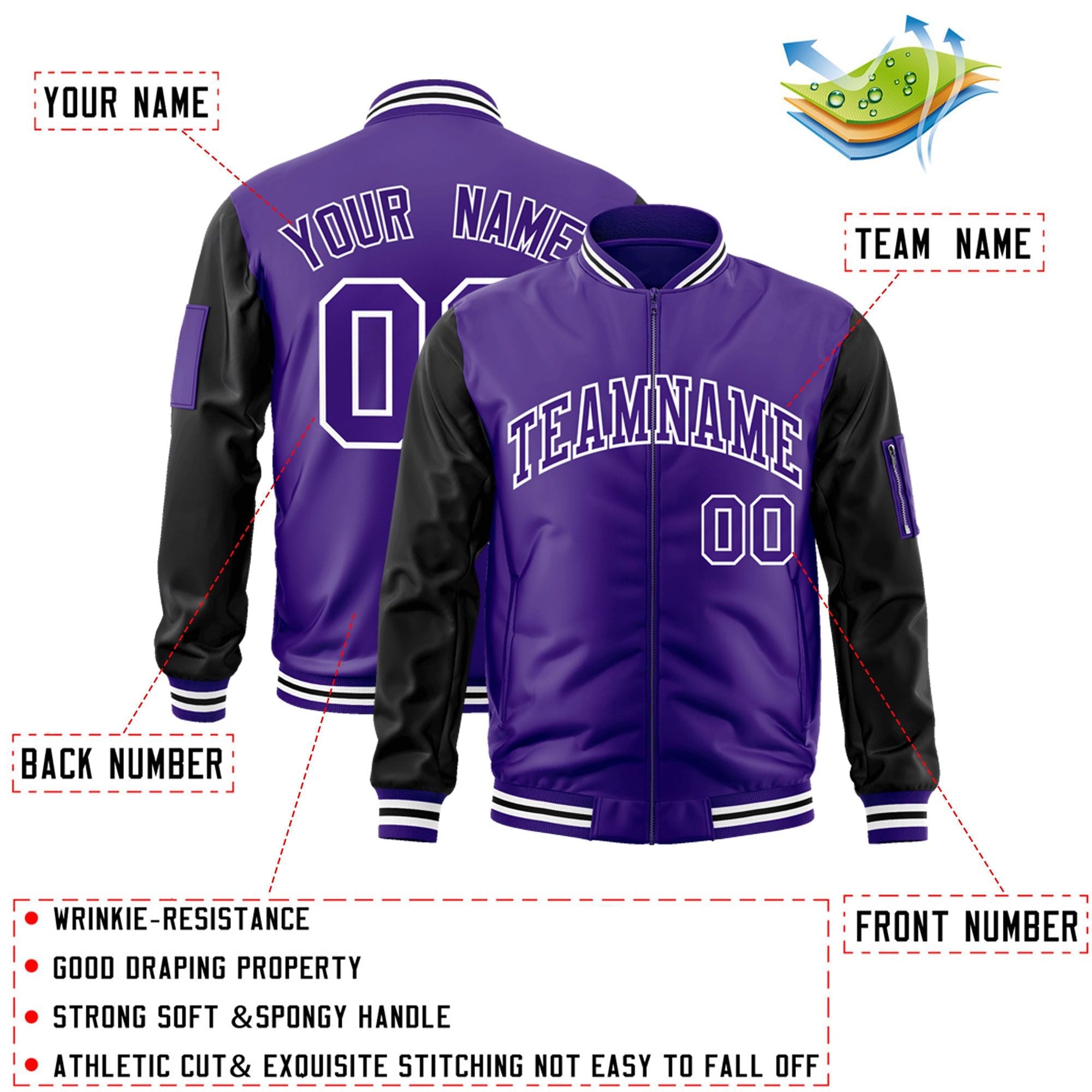 Custom Purple Black-White Varsity Full-Zip Raglan Sleeves Letterman Bomber Jacket