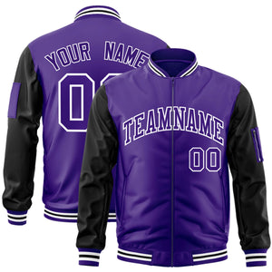 Custom Purple Black-White Varsity Full-Zip Raglan Sleeves Letterman Bomber Jacket