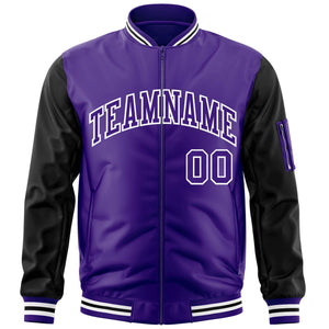 Custom Purple Black-White Varsity Full-Zip Raglan Sleeves Letterman Bomber Jacket