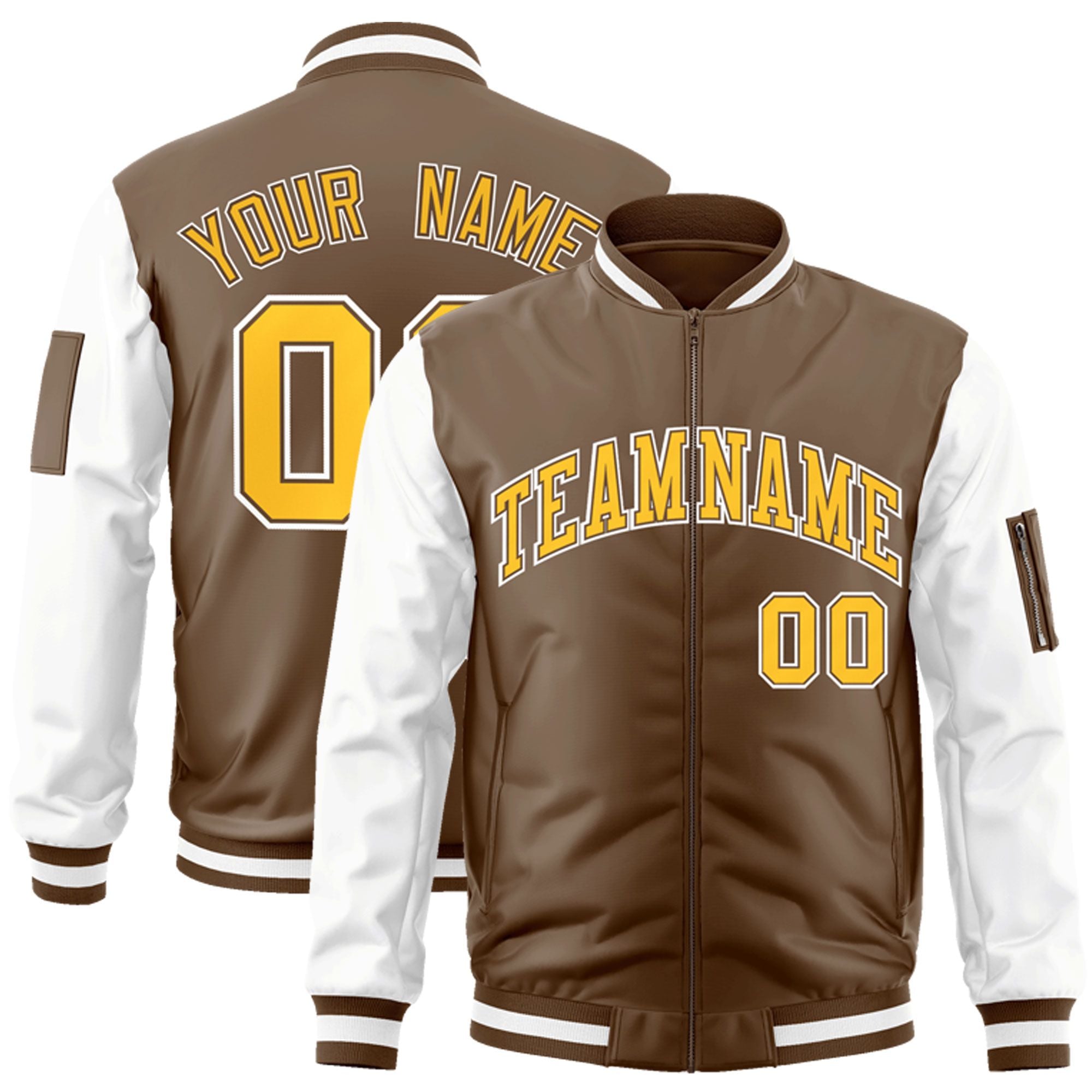 Custom Brown White-Gold Varsity Full-Zip Raglan Sleeves Letterman Bomber Jacket