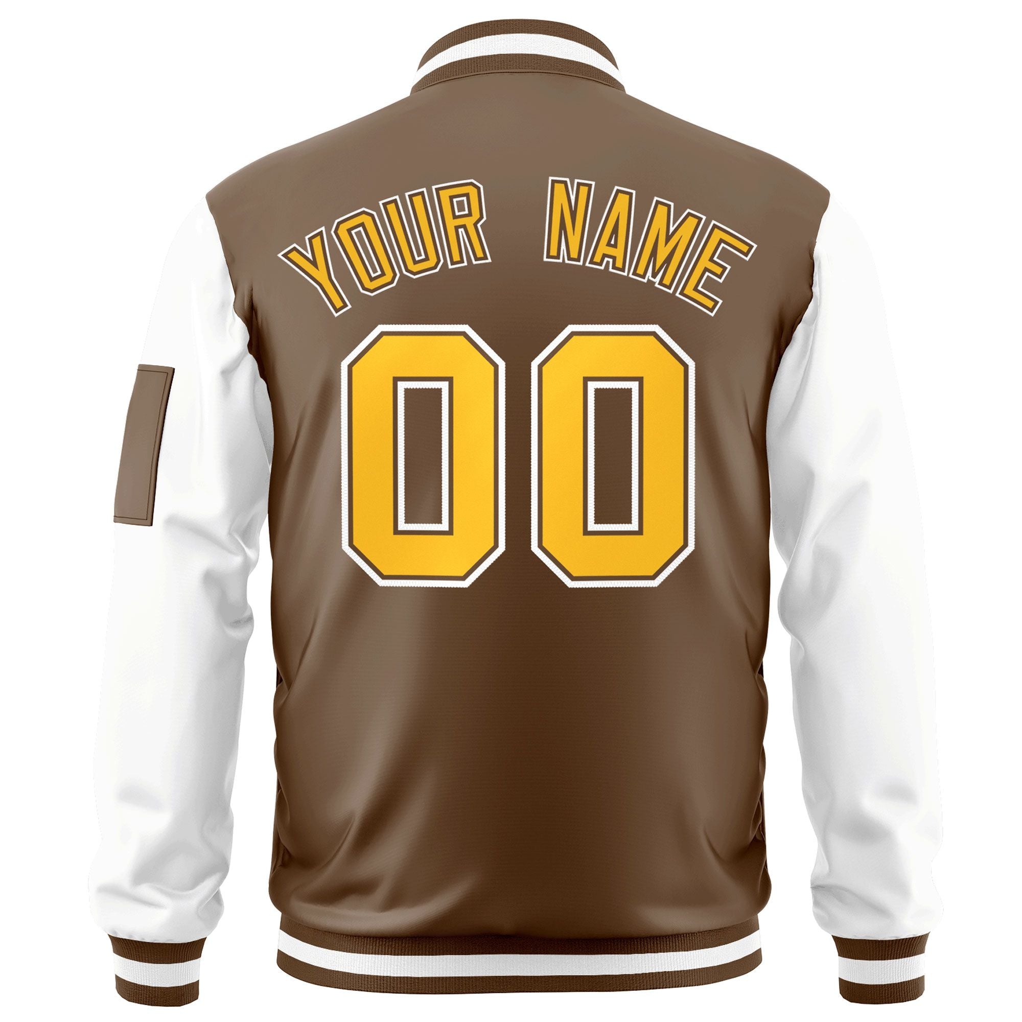 Custom Brown White-Gold Varsity Full-Zip Raglan Sleeves Letterman Bomber Jacket