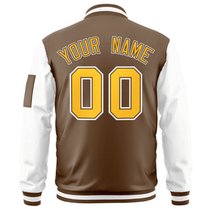 Custom Brown White-Gold Varsity Full-Zip Raglan Sleeves Letterman Bomber Jacket