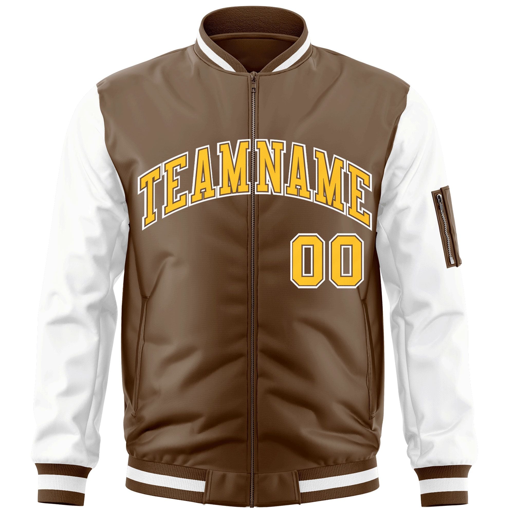 Custom Brown White-Gold Varsity Full-Zip Raglan Sleeves Letterman Bomber Jacket