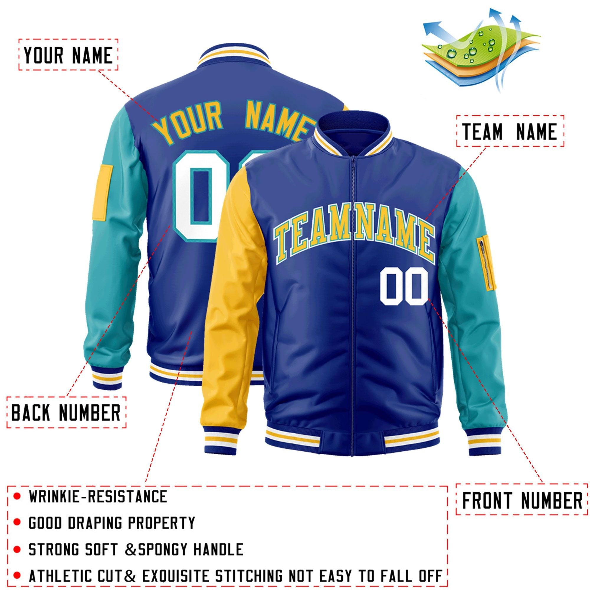 Custom Royal Gold-Aqua Varsity Full-Zip Raglan Sleeves Letterman Bomber Jacket